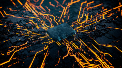 Advanced Technology Concept with Microchip. Orange Neon Data flows from the CPU across a Futuristic Motherboard. 3D render.