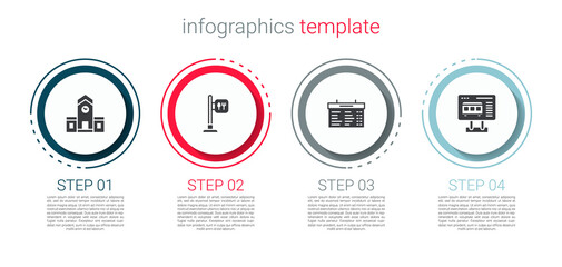 Poster - Set Railway station, Cafe and restaurant location, Train board and Ticket office to buy tickets. Business infographic template. Vector