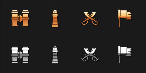 Sticker - Set Binoculars, Lighthouse, Crossed pirate swords and Pirate flag icon. Vector