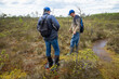 © Volha - A small group of tourists travels around the reserve. Hikers explore marsh vegetation. People move through the swamp wearing special devices - bogshoes.