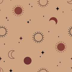 Wall Mural - Seamless pattern with sun and moon. Boho wall decor. Texture for print, textile, packaging.