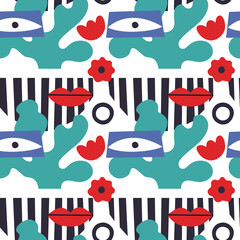 Wall Mural - Abstract eyes and lips background. Seamless contemporary art pattern. Vector
