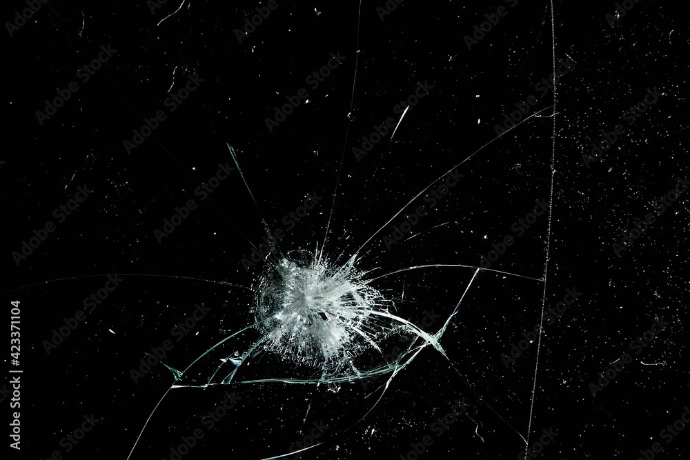 cracks on black glass background, broken abstract glass hole destruction concept - obrazy, fototapety, plakaty 