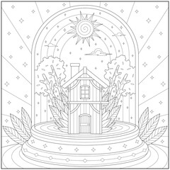 Fantasy house in the glass ball under the sun and sunny sky. Learning and education coloring page illustration for adults and children. Outline style, black and white drawing