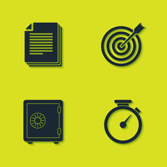 Poster - Set Document, Stopwatch, Safe and Target with arrow icon. Vector