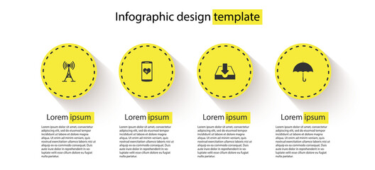 Canvas Print - Set Antenna, Smartphone with heart rate, Download inbox and Umbrella. Business infographic template. Vector