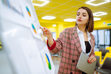 Wall Mural - A beautiful business woman is presenting a report / presentation to her business colleagues in a conference room, she is showing a graphics. Serious female employee with flip chart at presentation.