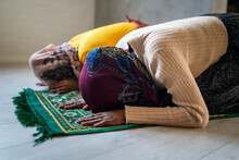 Muslim Faimly Prayer. Parent And Child Islamic Religion Concep