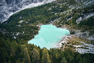 Wall Mural - Sorapis lake in the dolomites italy shot with drone, aerial view