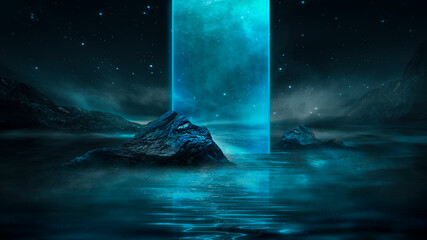 Wall Mural - futuristic fantasy night landscape with abstract landscape and island, moonlight, shine, moon. dark 