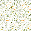 Seamless pattern with hand painted watercolor yellow flowers and leaves