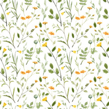 Seamless Pattern With Hand Painted Watercolor Yellow Flowers And Leaves