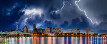 Storm Approaching Portland, Oregon. City Skyline With Lightnings
