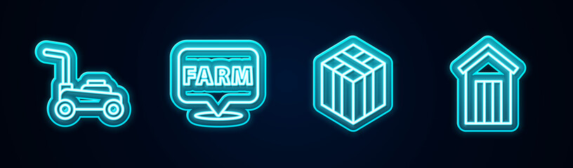 set line lawn mower, location farm, bale of hay and wooden outdoor toilet. glowing neon icon. vector