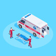© dimon_ua - isometric vector illustration on blue background, ambulance workers with patient on gurney next to ambulance car