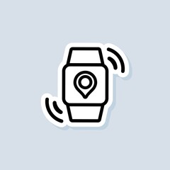 Poster - Smart Watch with Pinpoint Location sticker. Transportation schedule mobile app notification night mode. Arrival time on screen. GPS tag on smart watch display. Vector on isolated background. EPS 10