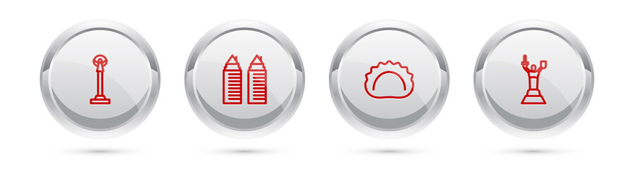 Set line Monument of Independence, Two towers in Dnipro, Dumplings and Mother Motherland monument. Silver circle button. Vector