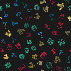 Sticker - Set line Paint roller brush, Printer, Scanner and Business card on seamless pattern. Vector