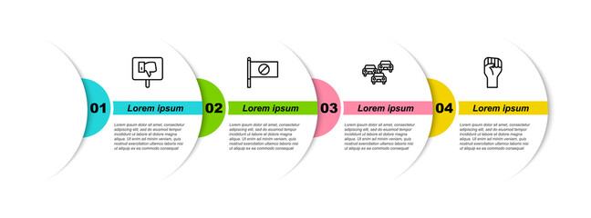 Sticker - Set line Protest, , Traffic jam and Raised hand with clenched fist. Business infographic template. Vector