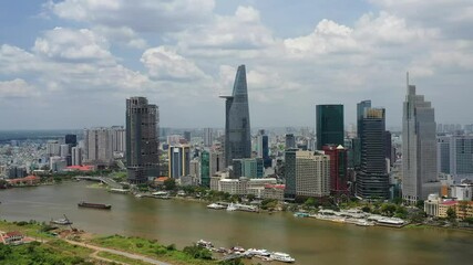 Wall Mural - Aerial riverside cityscape of Ho Chi Minh city - Vietnam