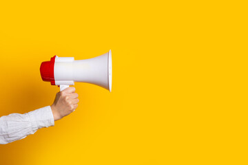 Wall Mural - female hand holds a white with a red megaphone on a yellow background.