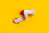 Fototapeta  - Hand holds a megaphone from a hole in the wall on a yellow background. Concept of hiring, advertising something. Banner
