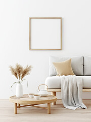 Poster - Square poster mockup with wooden frame in living room interior with sofa, beige pillow, dried Pampas grass on caned table and Japandi style decor on empty wall background. 3D rendering, illustration
