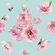 Seamless Pattern Of Japanese Blossoming Sakura, Buds And Pink Flowers Of Peach On A Blue Background. Hand Drawn Watercolor For Fabric Design, Textile, Packaging, Wrapping Paper, Background, Print.