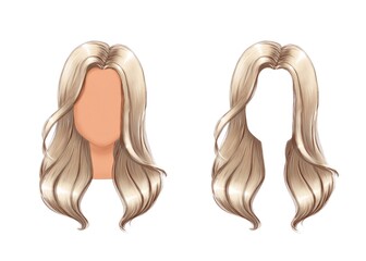 Female hair style isolated on white background. Blonde long hair with face and faceless. Hand drawn fashion beauty illustration.