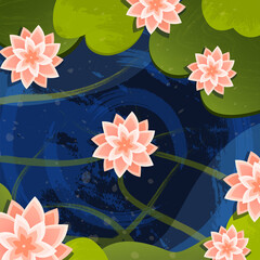 Vector illustration of a pond with water lilies and lotuses, top view. Beautiful illustration for background, print, design.