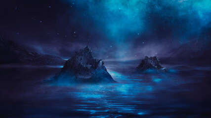 Wall Mural - futuristic night landscape with abstract landscape and island, moonlight, shine. dark natural scene 