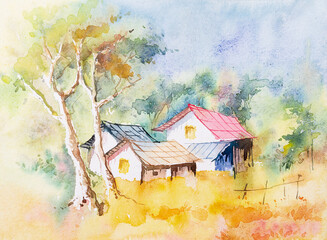 Beautiful rural India watercolor painting with village houses and trees. Nature scenic image,