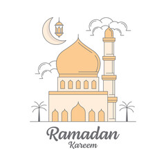 Ramadan kareem line art vector design template, mosque, moon, lantern