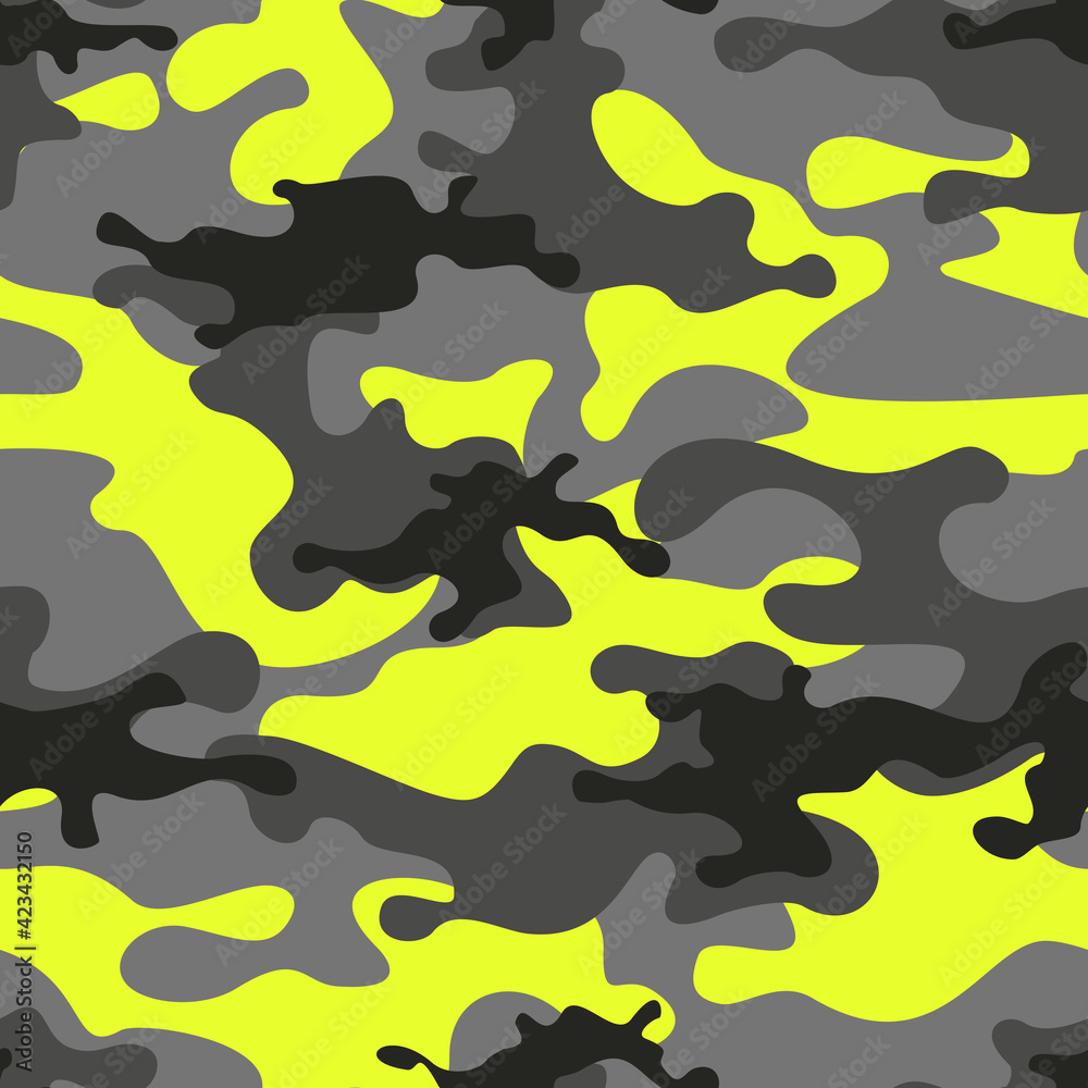 Yellow Triangular Camo Camouflage seamless pattern. Abstract camo from gray and yellow spots ...