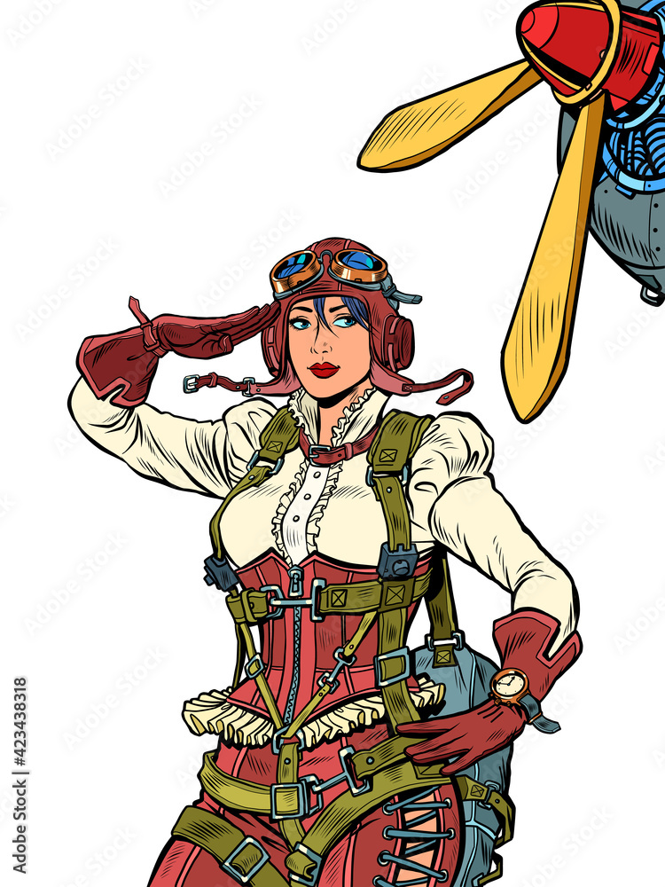 female retro pilot. professional military pilot Pop art retro illustration - obrazy, fototapety, plakaty 