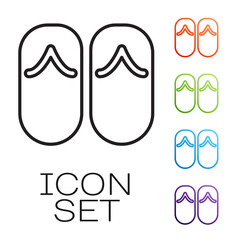 Poster - Black line Flip flops icon isolated on white background. Beach slippers sign. Set icons colorful. Vector