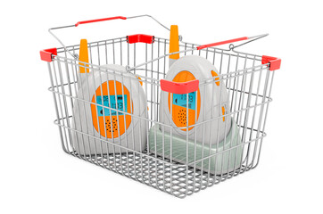 Shopping basket with audio baby monitor, baby alarm. 3D rendering