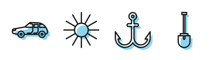 Wall Mural - Set line Anchor, Car, Sun and Shovel icon. Vector