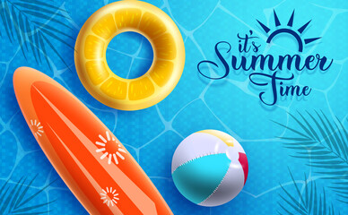 Wall Mural - Summer time vector design. It's summer time text with floating elements like floaters, beach ball and surfboard in swimming pool background for summer vacation. Vector illustration
