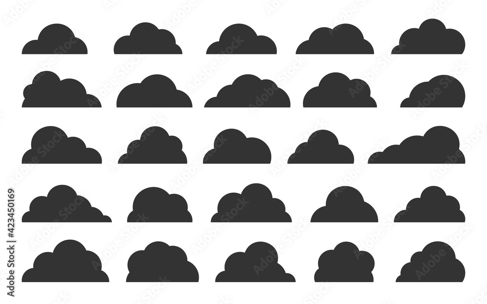 Abstract black flat clouds icon set isolated on white. Different shapes ...