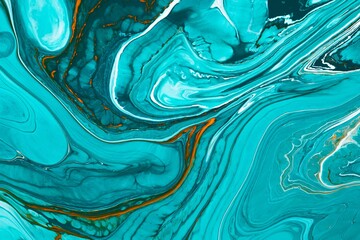  Fluid art texture. Abstract backdrop with swirling paint effect. Liquid acrylic artwork with artistic mixed paints. Can be used for baner or wallpaper. Turquoise, white and orange overflowing colors.