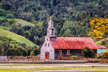 Canvas Print - Santa Maria de la Candelaria Church Chullec Bay Quinchao, Los Lagos, Chile 