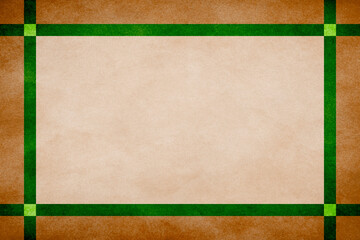 Wall Mural - brown grunge textured frame around tan textured parchment background with green grunge textured ribb