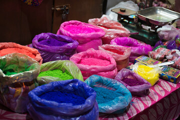 Poster - Exhibit colorful powder in a bag for sell for sell during Indian traditional festival holi