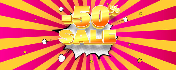 Poster - Super sale. Fifty percent discount. Volumetric golden text. Vector retro background with rays and halftone effect