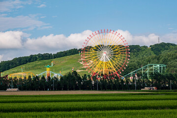 夏の岩見沢市 遊園地が見える風景
