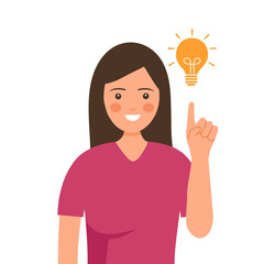 Woman show hand gesture of a great idea in flat design on white background. Thinking female with lightbulb. Creative idea.