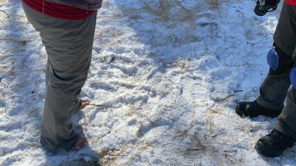 Wall Mural - A man stands barefoot in the snow. The girl walks in the snow barefoot. Hardening. Health, healthy lifestyle. Winter hike.