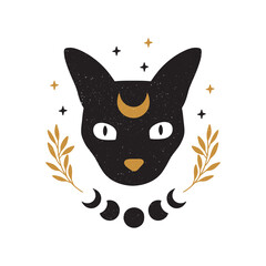 mystical moon cat. black celestial animal vector illustration. esoteric concept with moon phases, br