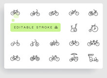 Bicycle Types Vector Linear Icons Set. Outline Symbols Pack With Editable Stroke. Collection Of Simple 20 Bicycle Types Icons Isolated Contour Illustrations. Bmx, Touring, Dirt, Female Bike.